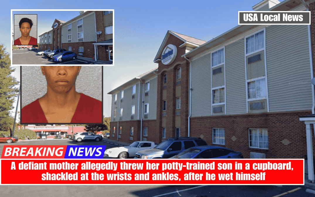 A defiant mother allegedly threw her potty-trained son in a cupboard, shackled at the wrists and ankles, after he wet himself
