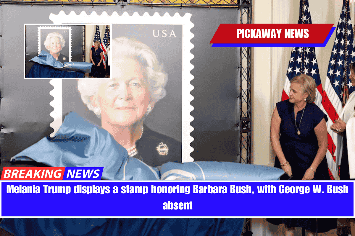 Melania Trump displays a stamp honoring Barbara Bush, with George W. Bush absent